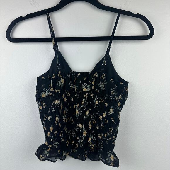 Active USA Womens V-Neck Smocked Ruffle Hem Black Floral Cropped Tank Top Small - Picture 2 of 8